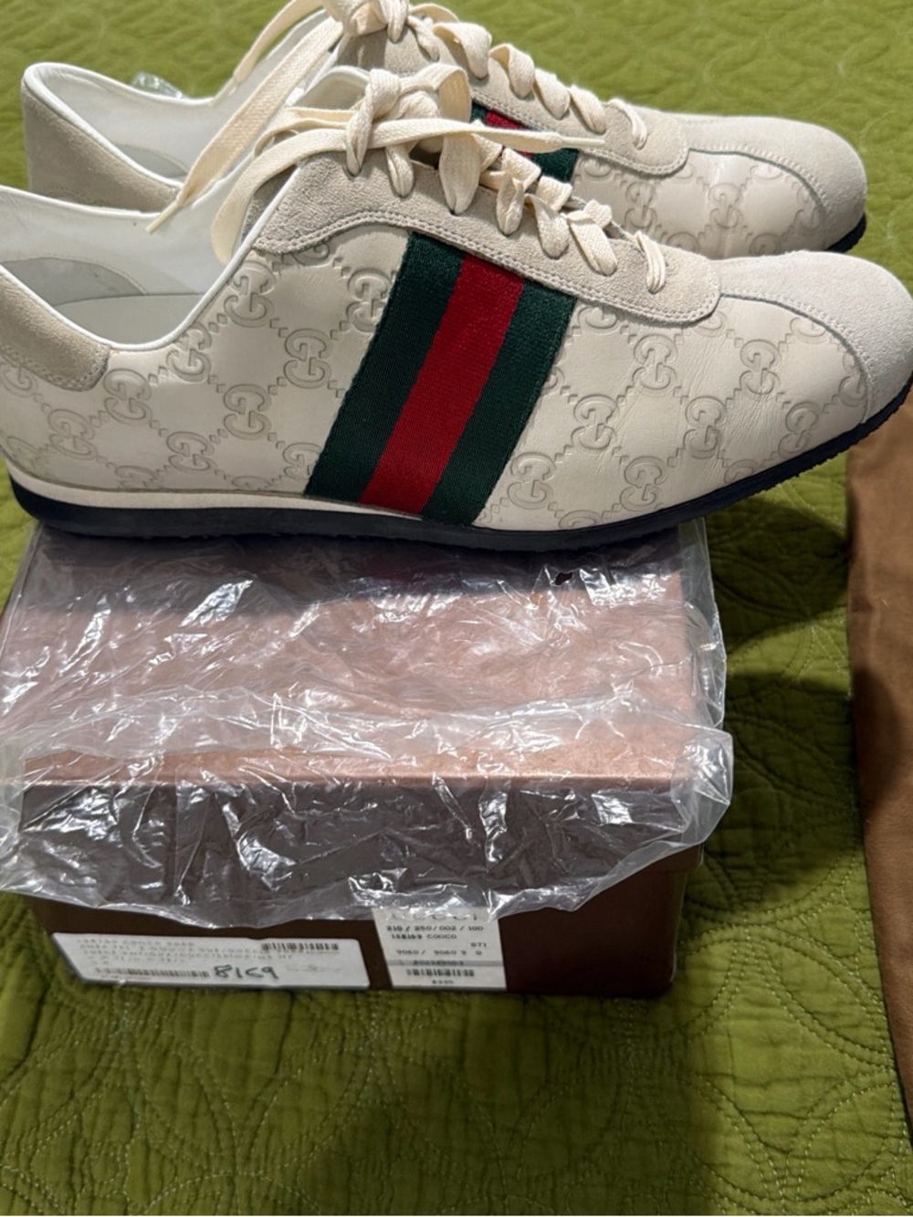 Gucci Cream Monogram Lace-Up Sneakers with Red & Green Web Stripe - Picture 3 of 6